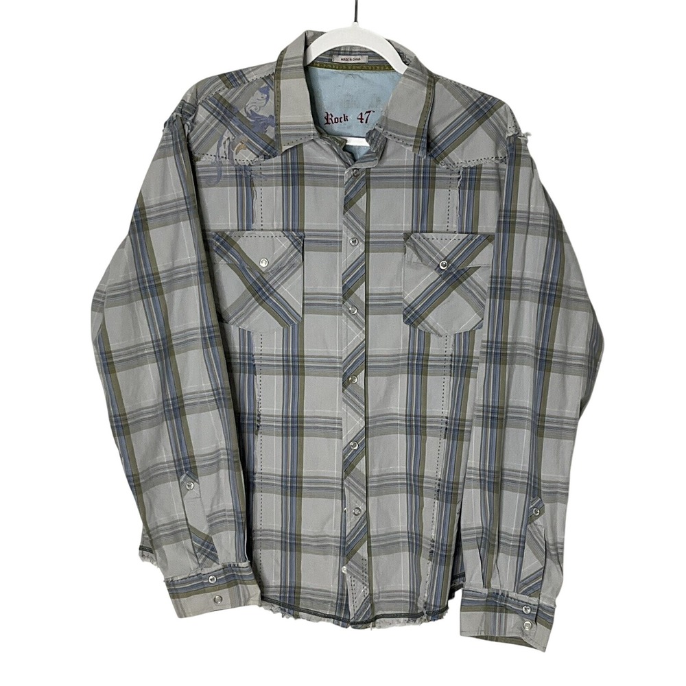 Wrangler Rock 47 Shirt Mens XL Black/Gray Plaid‎ Western Pearl Snap W/Graphic